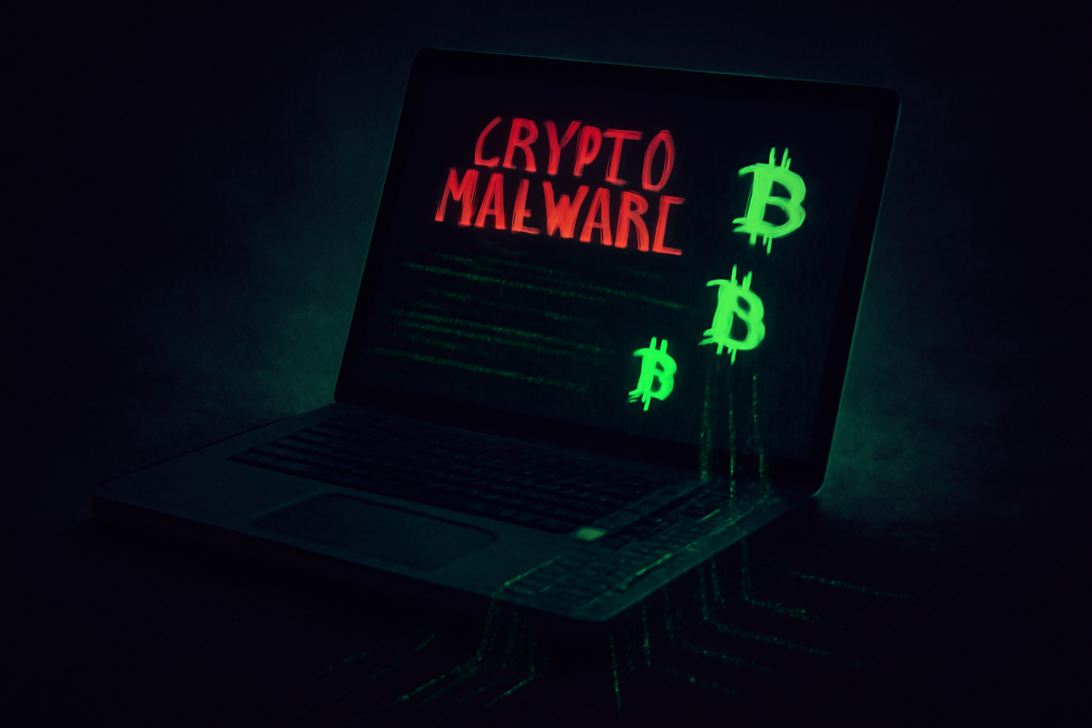 Laptop infected with crypto malware showing Bitcoin symbols and green data streams