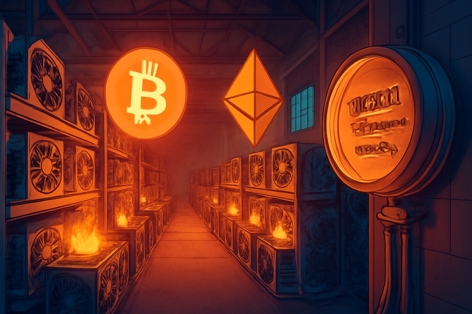 Cryptocurrency mining farm with GPUs, Bitcoin and Ethereum symbols, and an electricity meter