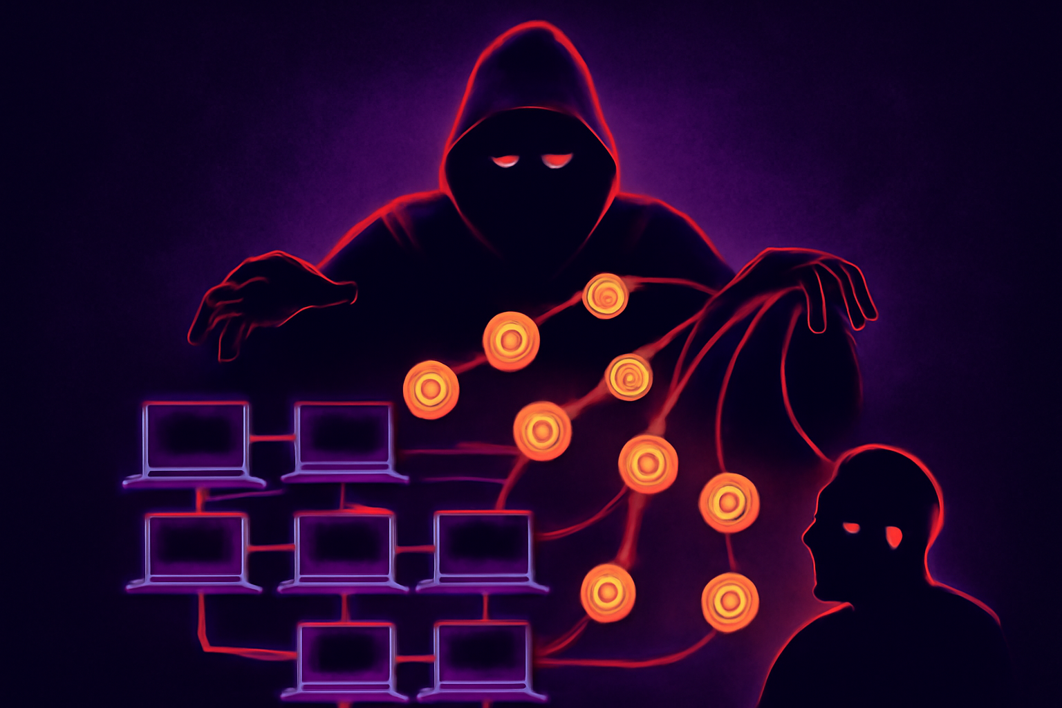 Cryptojacking attack visualization showing a hacker controlling a botnet of infected computers mining cryptocurrency