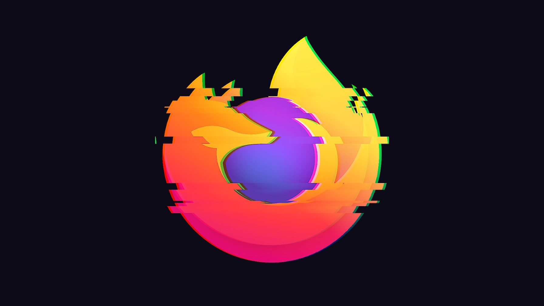 The Firefox logo in its normal colours, torn across by glitch lines.