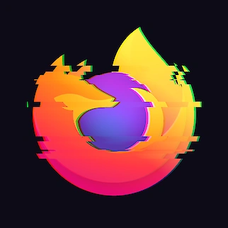 The Firefox logo in its normal colours, torn across by glitch lines.