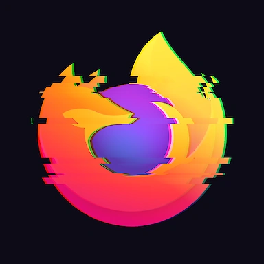 The Firefox logo in its normal colours, torn across by glitch lines.