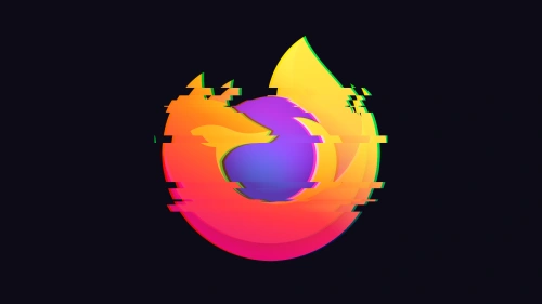 The Firefox logo in its normal colours, torn across by glitch lines.